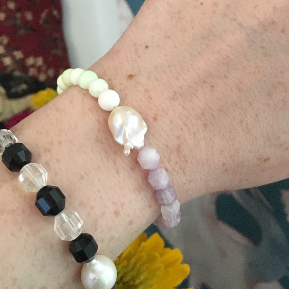 Baroque pearl, amethyst, ametrine, lemon chrysoprase stretch bracelet handmade - Picture 5 of 8